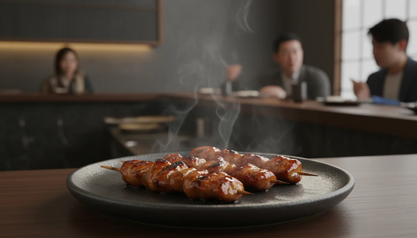 焼き上げた焼き鳥を白い器に盛り付けた料理のクローズアップ