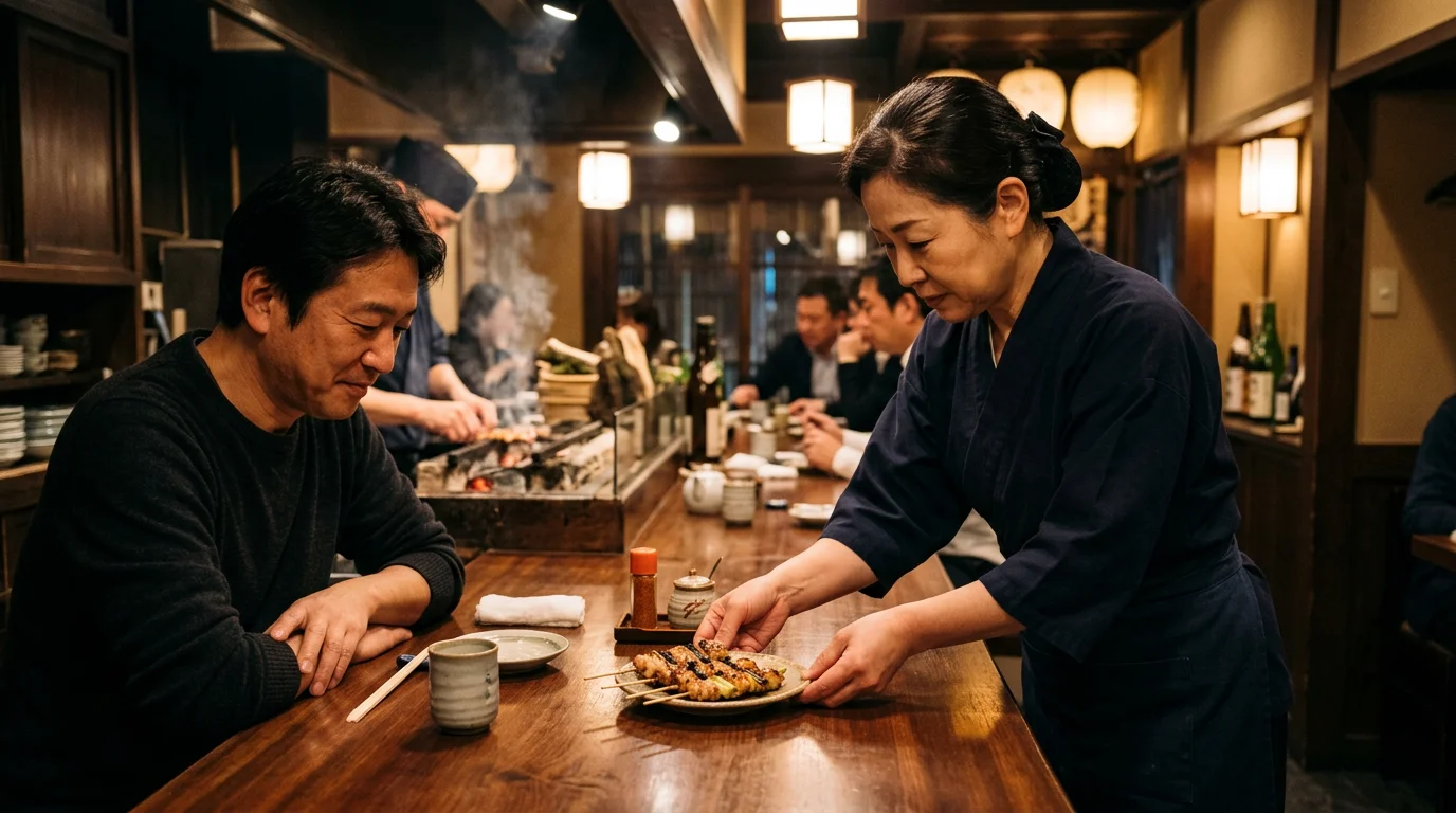 カウンター越しに料理を運ぶスタッフの自然な所作